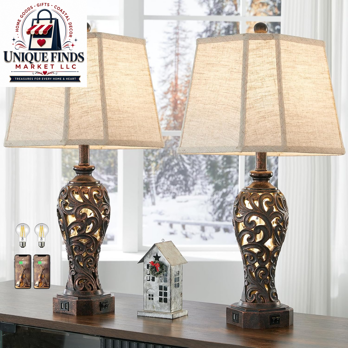 Set of 2 25-Inch Farmhouse Table Lamps for Living Room with USB C+A Ports
