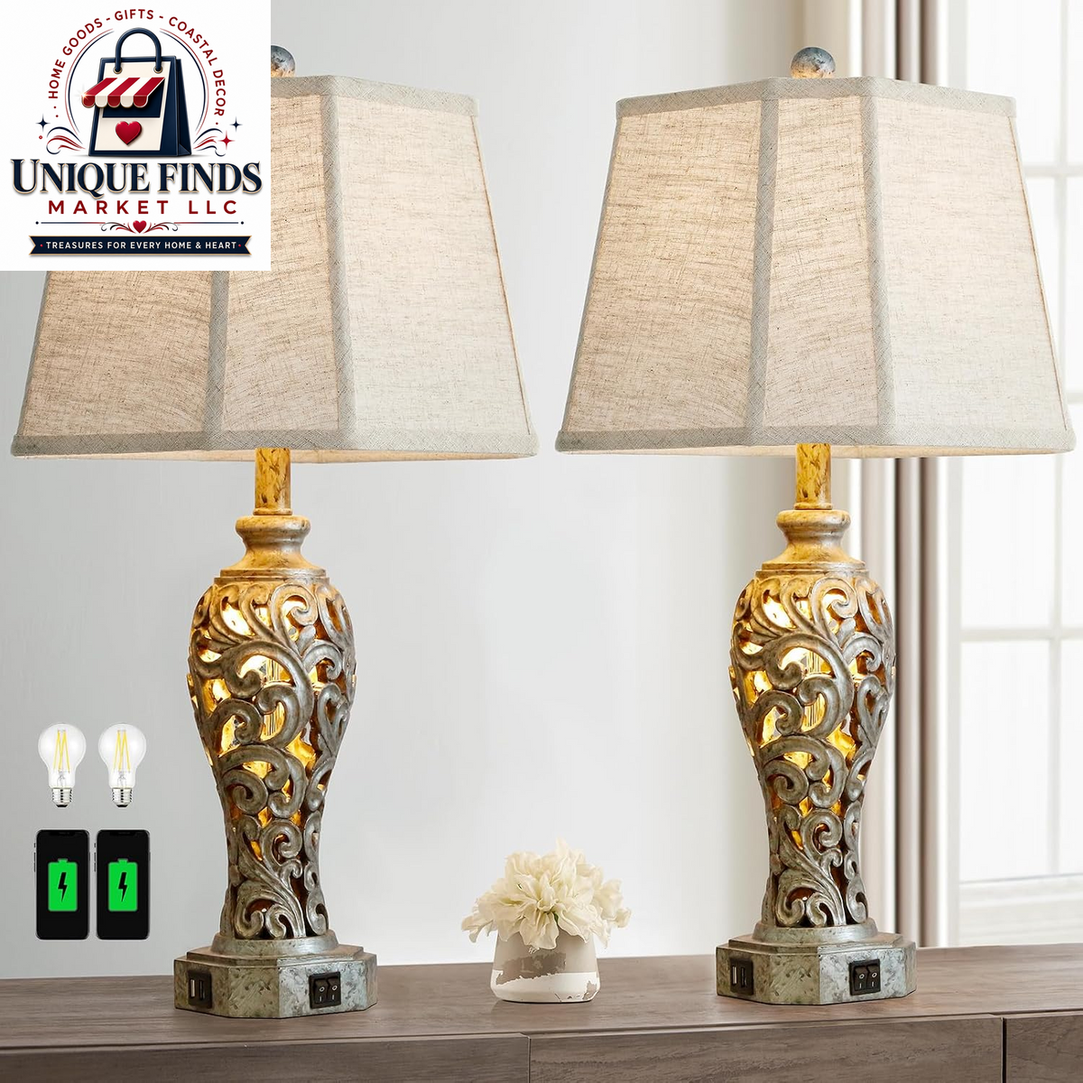 Set of 2 25-Inch Farmhouse Table Lamps for Living Room with USB C+A Ports