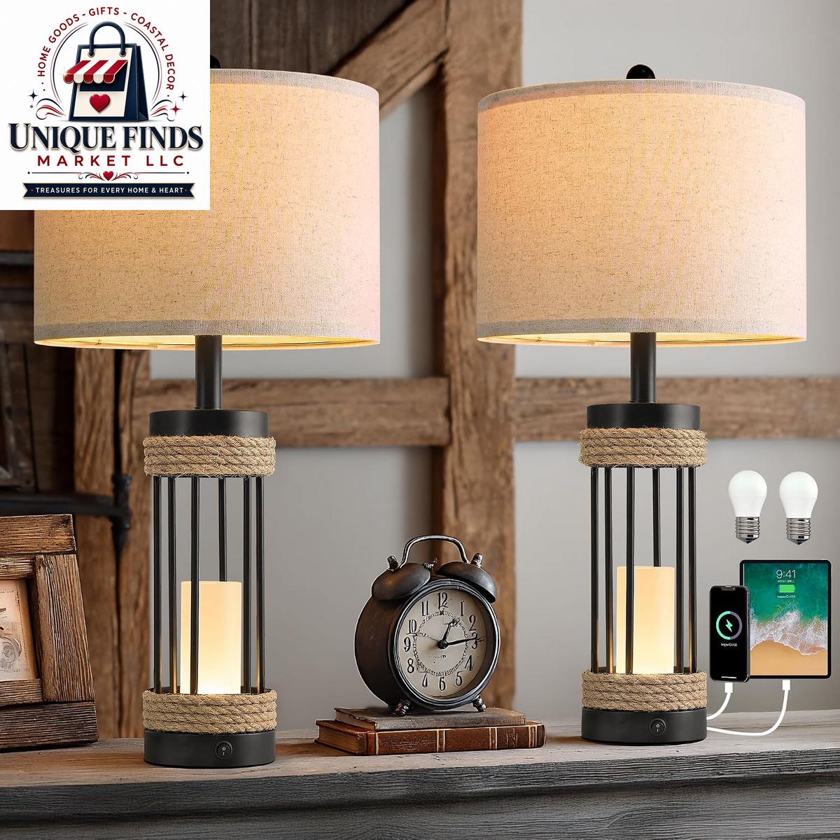 OYEARS 21" Bohemian Table Lamp Set of 2 for Living Room and Bedroom, Rattan Design for Nightstands and End Tables, Rustic Brown Farmhouse Decor