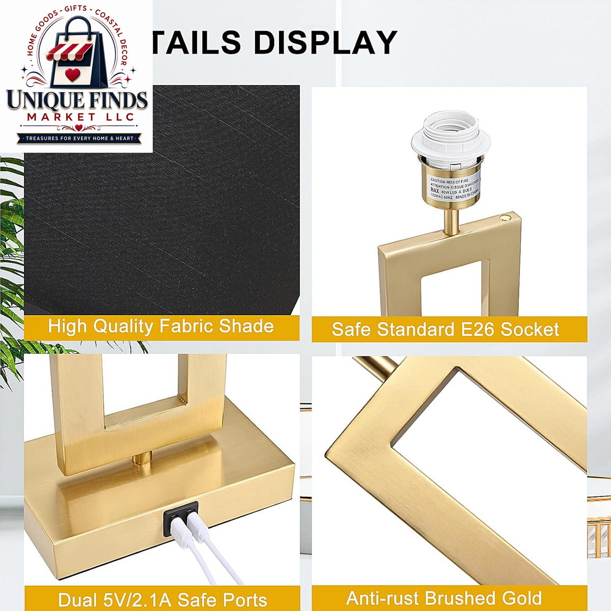 Set of 2 Modern 22'' Black and Gold Touch Control Table Lamps with USB Ports, 3-Way Dimmable Function and LED Bulbs Included, Ideal for Bedrooms and Living Room End Tables
