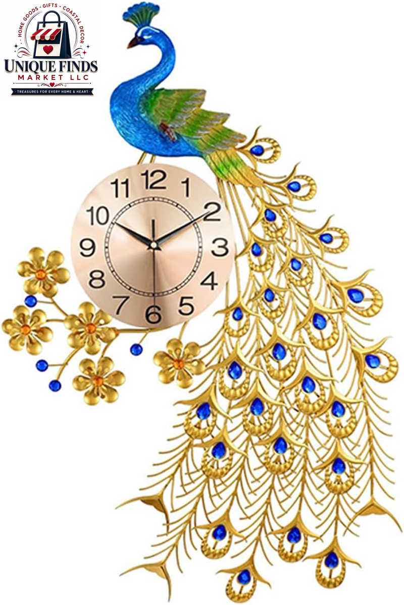 Large 28-Inch Silent Non-Ticking Peacock Wall Clock - 3D Luxury Decorative Timepiece for Living Room, Bedroom, and Dining Room Decor