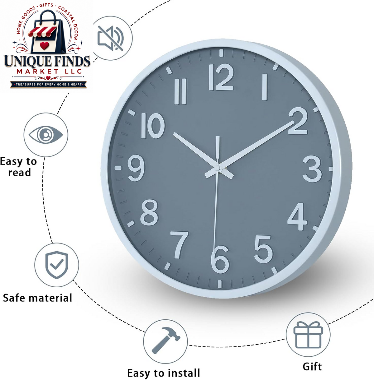 Battery Operated 12-Inch Modern Silent Wall Clock for Home and Office Décor (Gray and White)