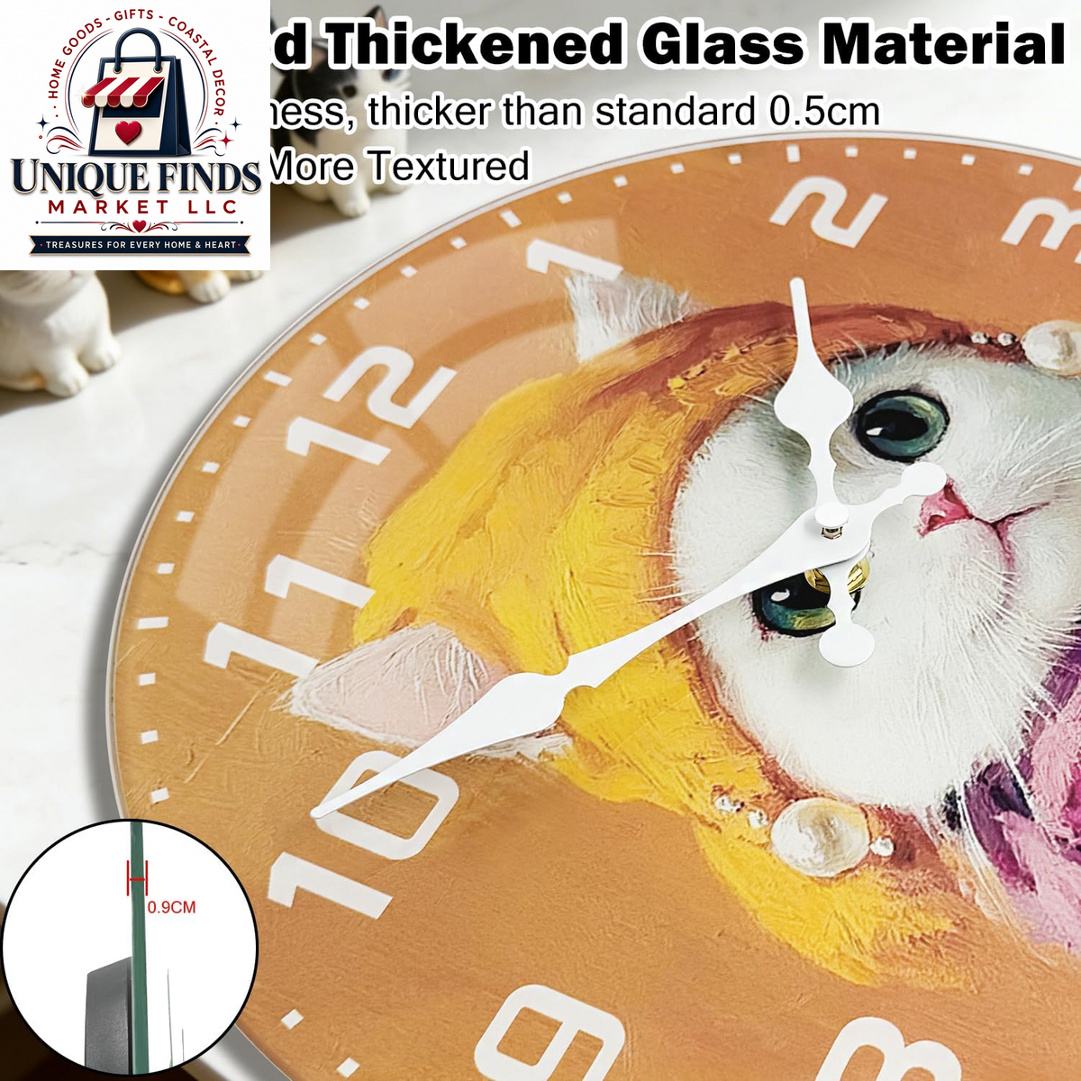 Elegant 8-Inch Cat-Themed Glass Wall Clock - Battery Operated, Silent Non-Ticking Analog Design for Home and Office Decor
