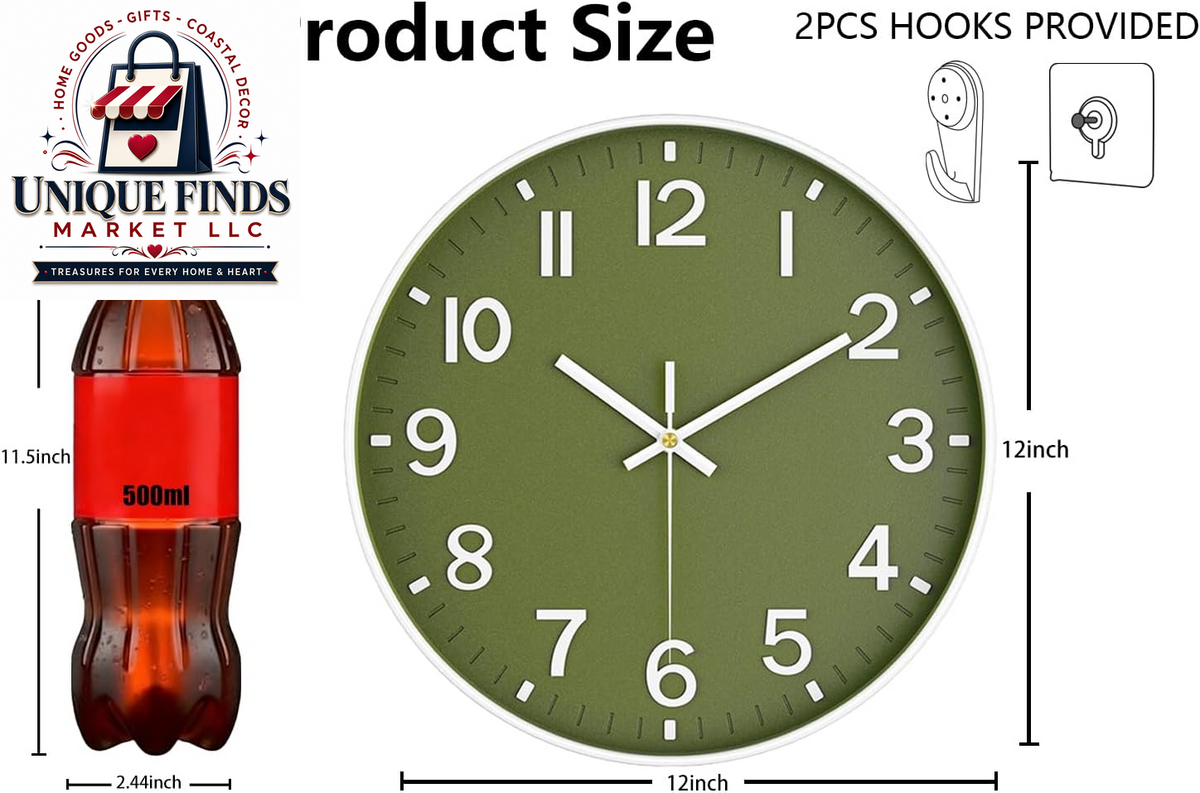 Battery Operated 12-Inch Silent Analog Wall Clock with Large Numbers for Home and Office Decor - Olive Green