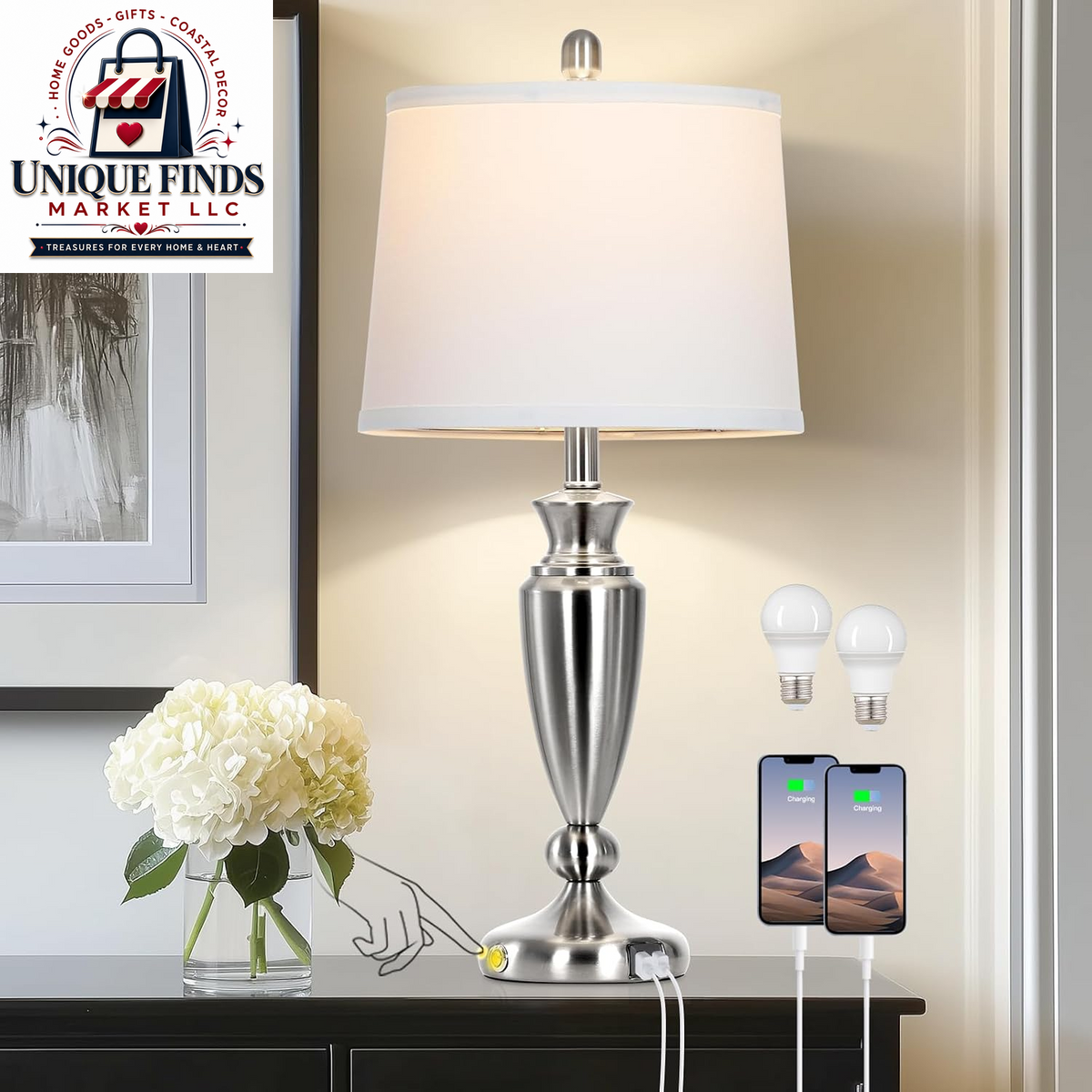 Rinweey 27-Inch Black Table Lamps Set of 2 with 3-Way Touch Control and USB A+C Ports, Modern Metal Nightstand Lamps for Living Room, Bedroom, and Office Decor