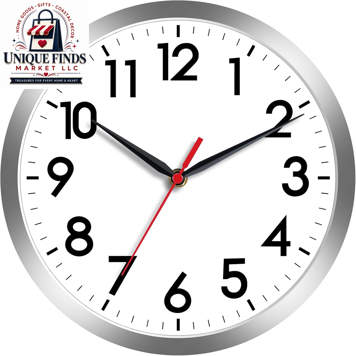 AKCISOT 12-Inch Silent Battery-Operated Analog Wall Clock in Silver