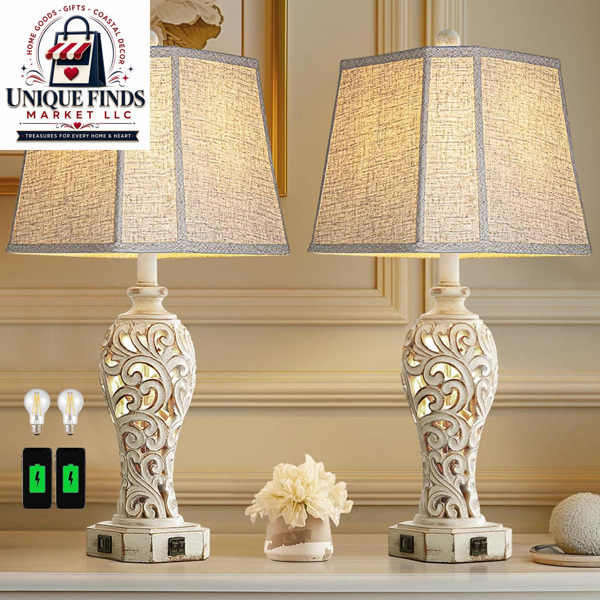 Set of 2 25-Inch Farmhouse Table Lamps for Living Room with USB C+A Ports