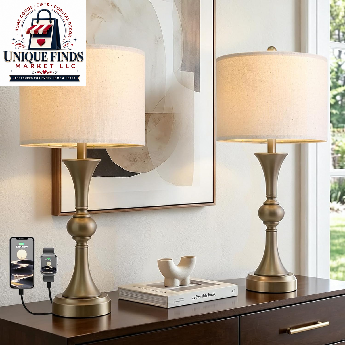 Oneach 28" Black Tall Table Lamp Set of 2 with USB Ports for Living Room