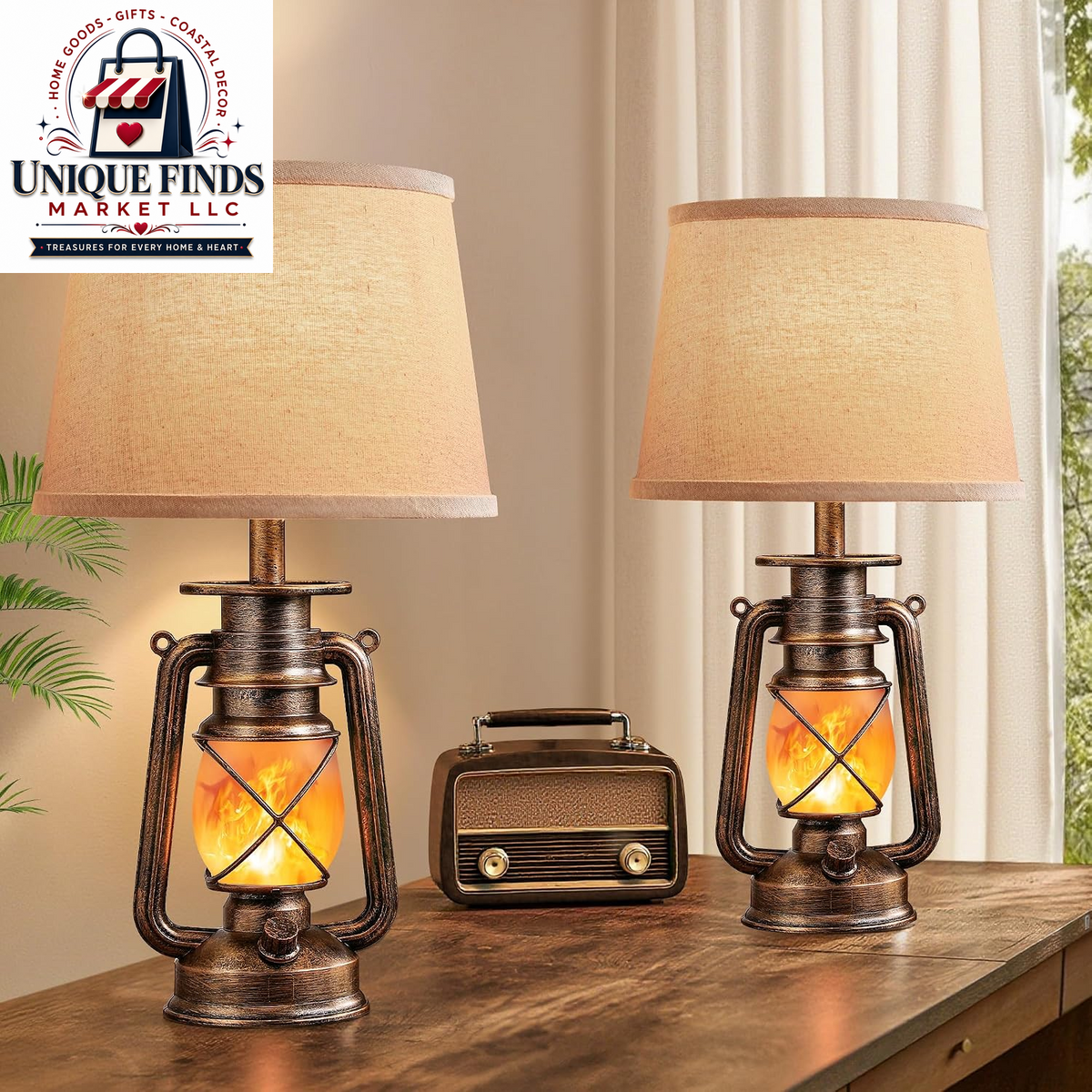 LEDIARY Set of 2 18.72" Black and Gold Lantern Table Lamps with Flickering Flame Effect