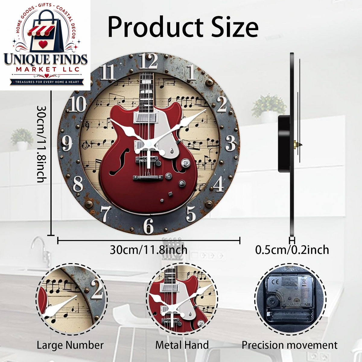 CHGCRAFT Industrial-Style 12-Inch Round Wall Clock with Guitar Pattern