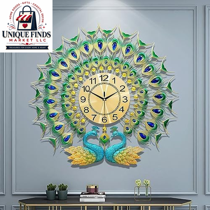 Large 28-Inch Silent Non-Ticking Peacock Wall Clock - 3D Luxury Decorative Timepiece for Living Room, Bedroom, and Dining Room Decor