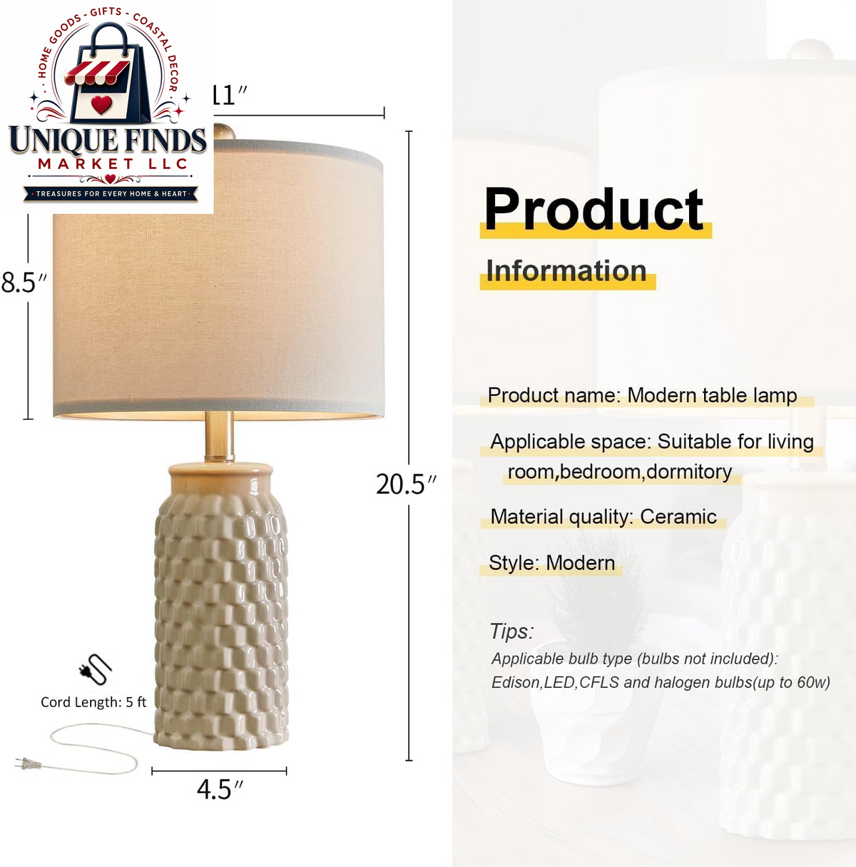 Usumkky 20.5-Inch Ceramic Table Lamp Set of 2 - Modern Farmhouse and Boho Design, Ideal for Bedroom Nightstands and Living Room End Tables, Compact Desk Lamps in Cream
