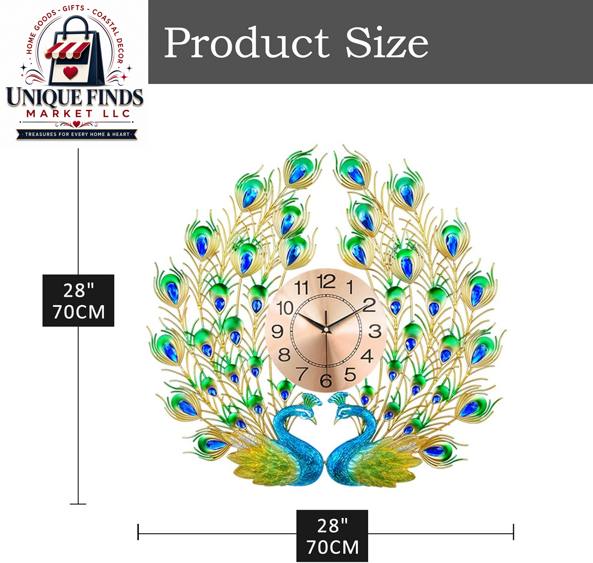 Large 28-Inch Silent Non-Ticking Peacock Wall Clock - 3D Luxury Decorative Timepiece for Living Room, Bedroom, and Dining Room Decor