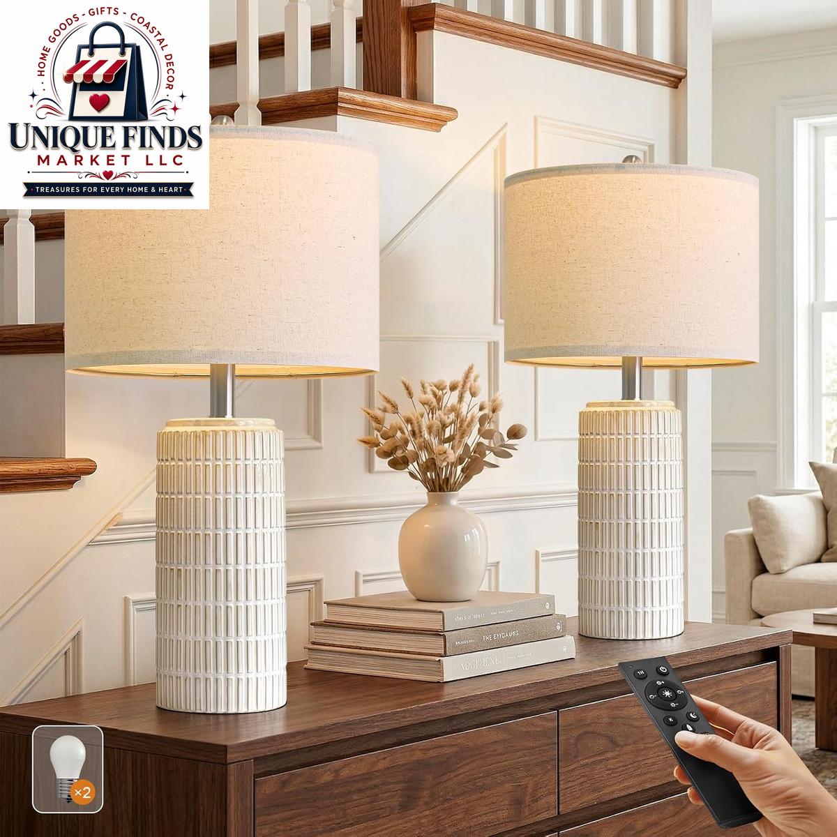 Pokat 23" Blue Ceramic Table Lamps - Set of 2, Traditional Farmhouse Bedside and Living Room Nightstand Lamps
