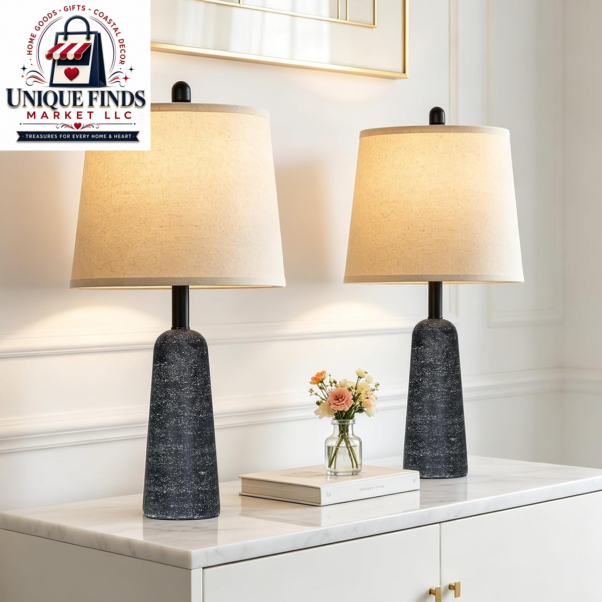 Rinweey Set of 2 Modern Minimalist 24" Travertine-Inspired Concrete Table Lamps, Beige Faux Stone Design for Bedroom Nightstands and Living Room End Tables, Includes 2 LED Bulbs