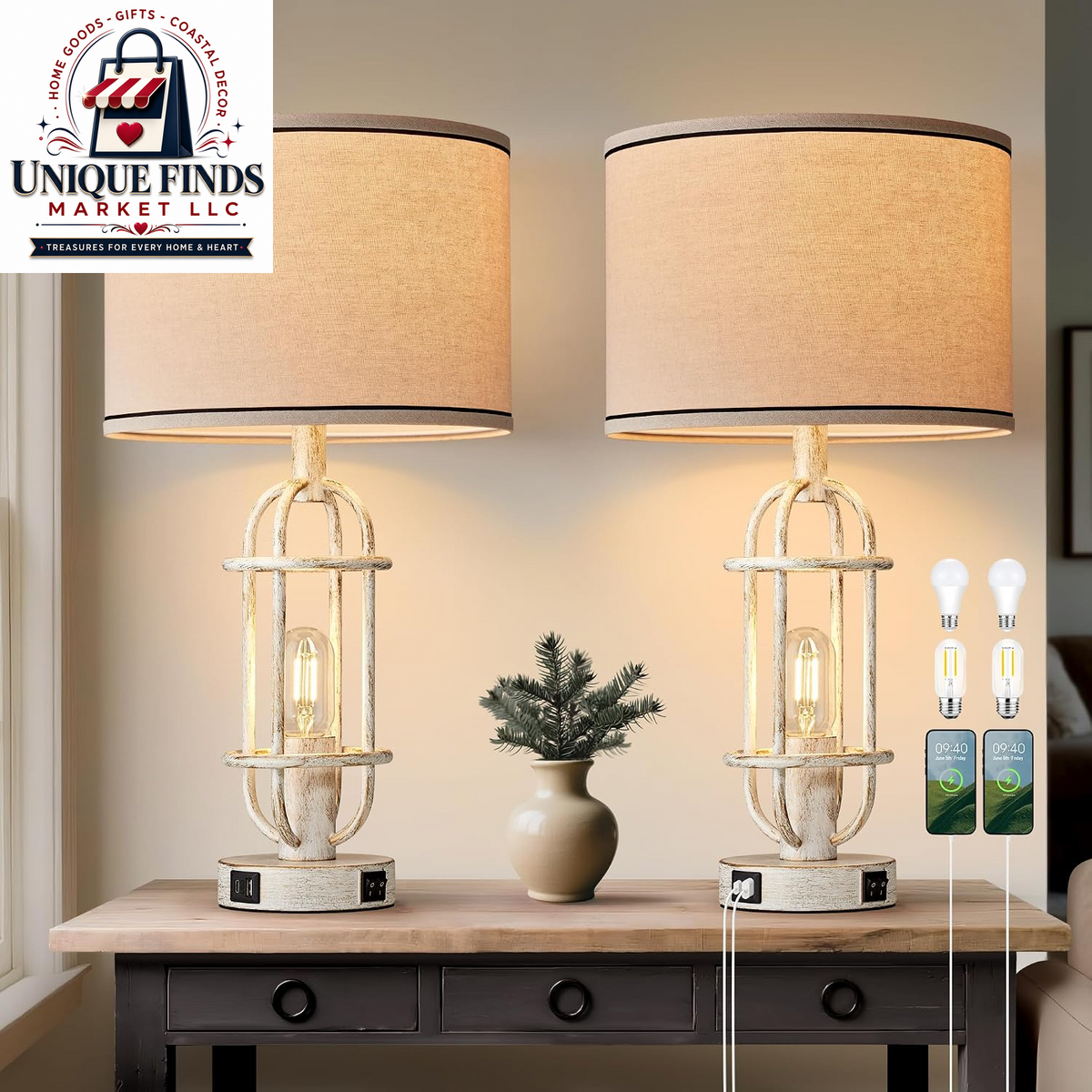 Reaketon Set of 2 Black 22.3” Farmhouse Table Lamps for Living Room