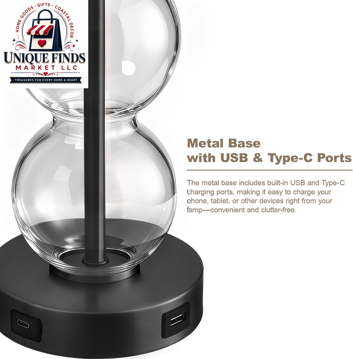 Oneach 25-Inch Black Modern Glass Table Lamps Set of 2 with USB Ports, Linen Shade for Living Room and Bedroom Nightstands (Bulbs Not Included)