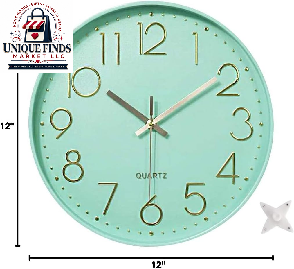 12-Inch Silent Quartz Wall Clock - Non-Ticking Battery Operated Round Clock for Home, Kitchen, Office, School, and Living Room Decor (Mint Green)