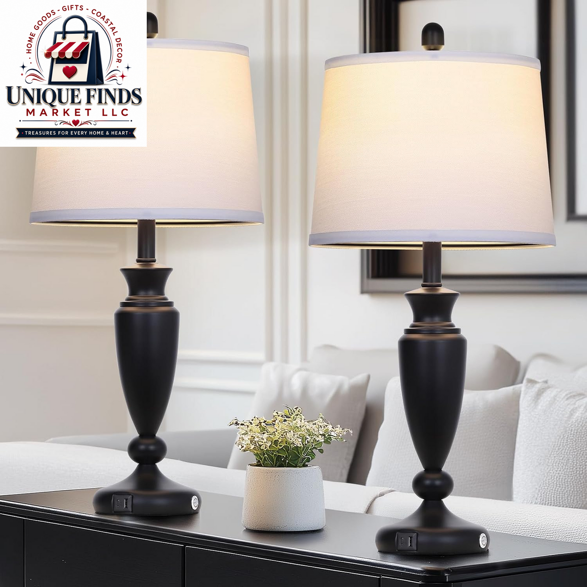 Rinweey 27-Inch Black Table Lamps Set of 2 with 3-Way Touch Control and USB A+C Ports, Modern Metal Nightstand Lamps for Living Room, Bedroom, and Office Decor