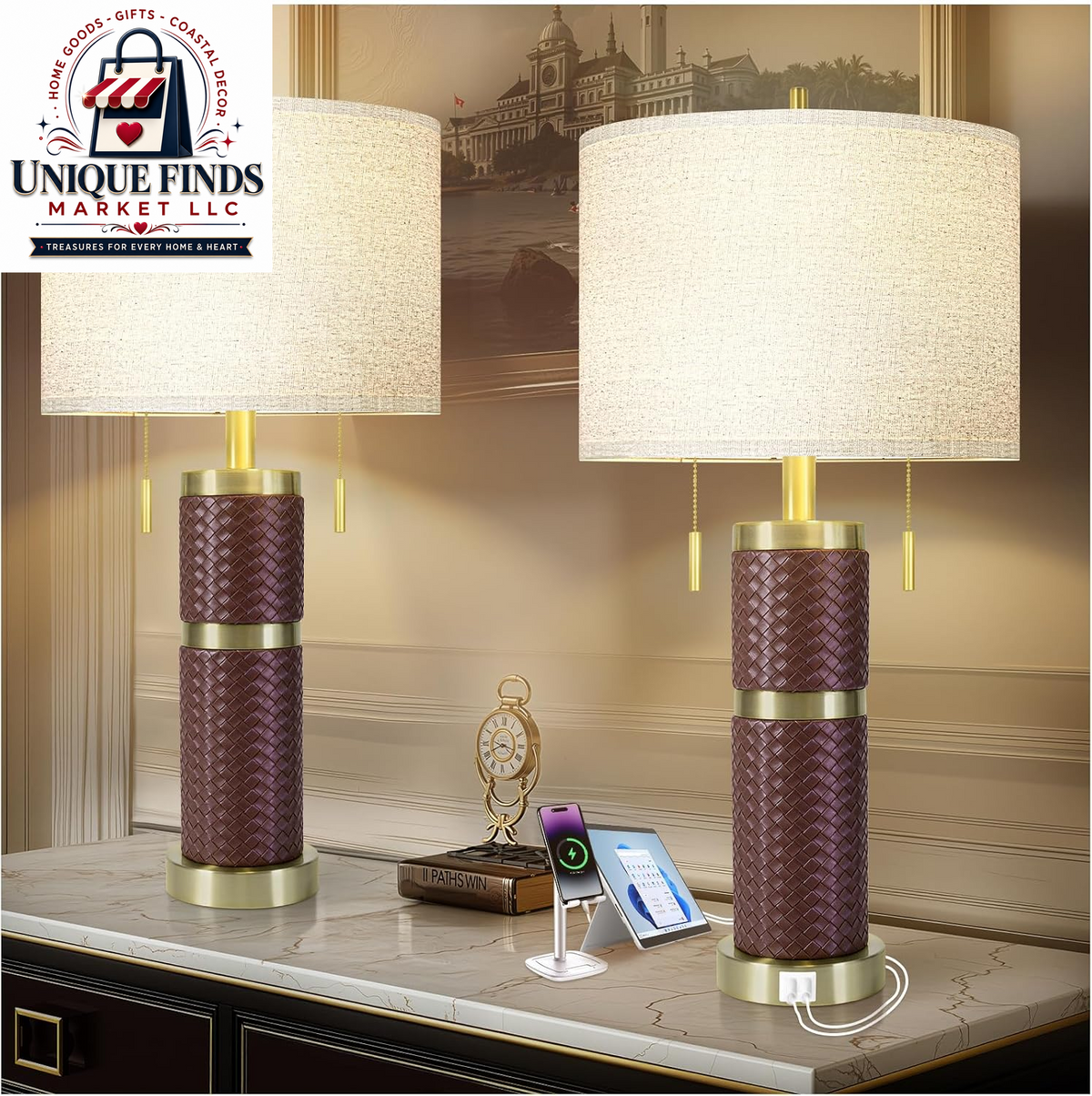 KIVDITZO Set of 2 25-Inch Woven Leather Table Lamps for Nightstands