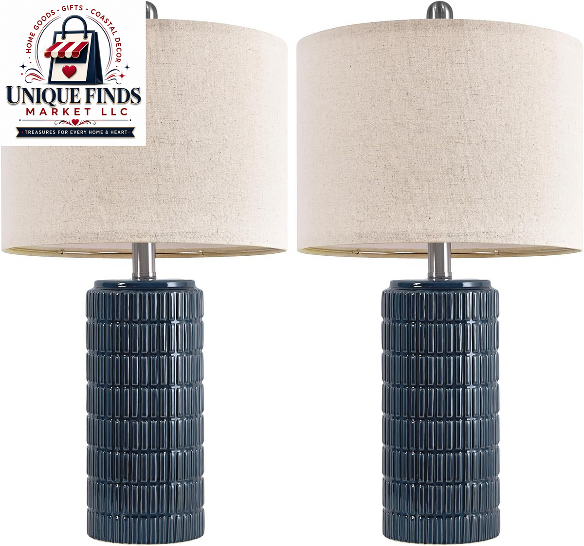 Pokat 23" Blue Ceramic Table Lamps - Set of 2, Traditional Farmhouse Bedside and Living Room Nightstand Lamps