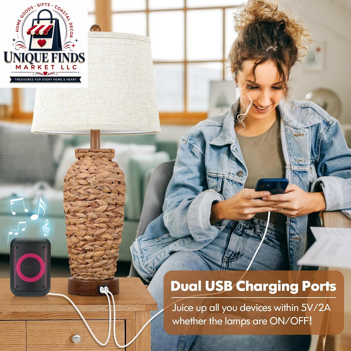 Set of 2 27-Inch Tall Rattan Table Lamps with USB Charging Ports, Boho Farmhouse Woven Seagrass Bedside Lighting for Living Room and Bedroom, E26 Socket, Cream Shade