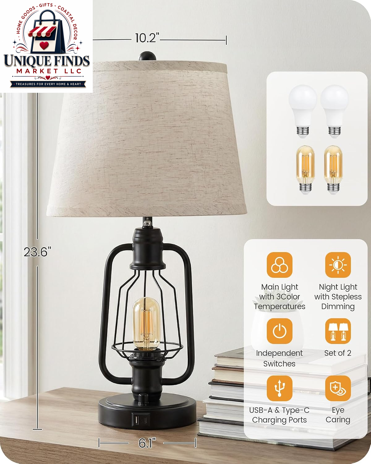Set of 2 Farmhouse Industrial Bedside Table Lamps with USB Ports, Rustic Vintage Nightstand Desk Lamps for Living Room and Bedroom, Includes 4 Bulbs, Beige and Black E14TLP205