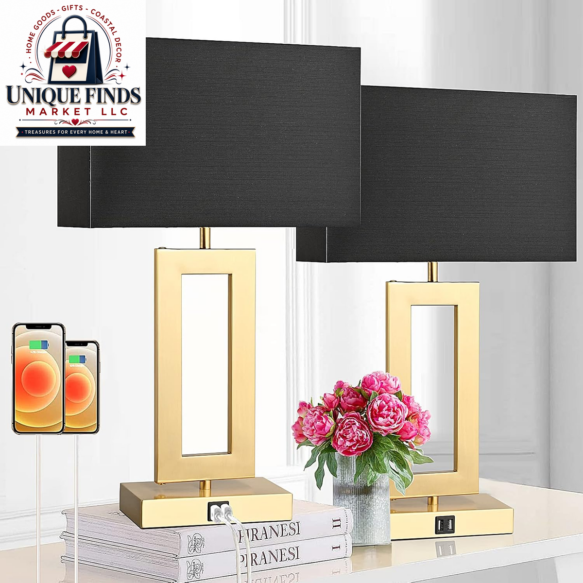 Set of 2 Modern 22'' Black and Gold Touch Control Table Lamps with USB Ports, 3-Way Dimmable Function and LED Bulbs Included, Ideal for Bedrooms and Living Room End Tables