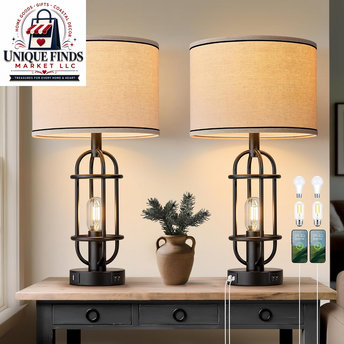 Reaketon 22.3-Inch Black Farmhouse Table Lamps for Living Room - Set of 2