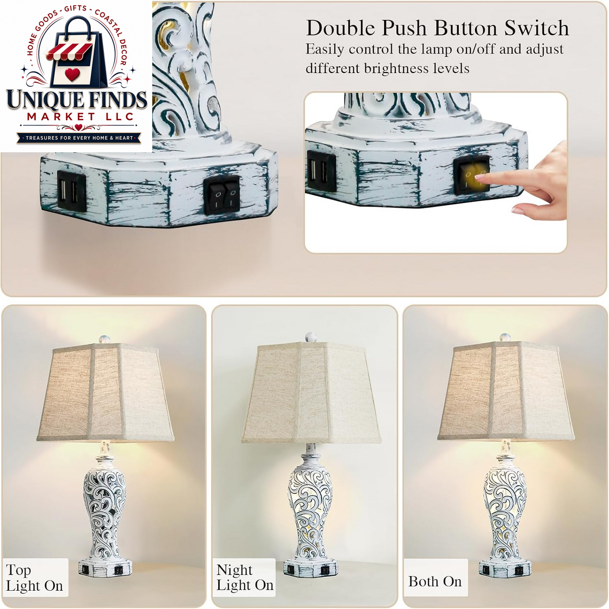Set of 2 25-Inch Farmhouse Table Lamps for Living Room with USB C+A Ports