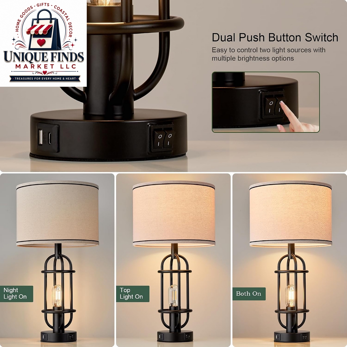 Reaketon 22.3-Inch Black Farmhouse Table Lamps for Living Room - Set of 2