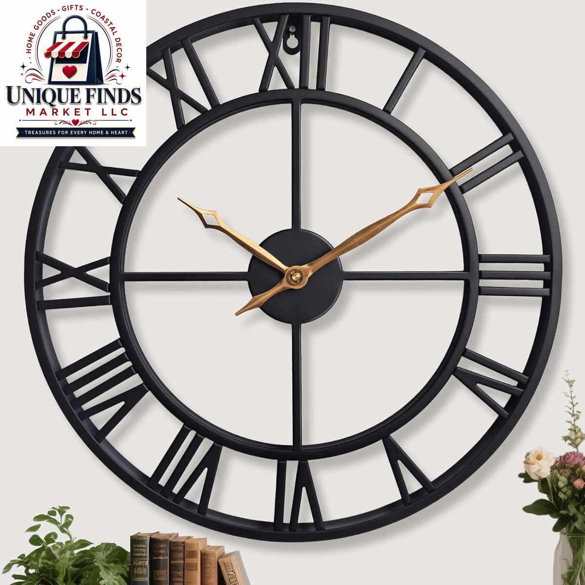 16-Inch Vintage Gold Metal Wall Clock with Roman Numerals