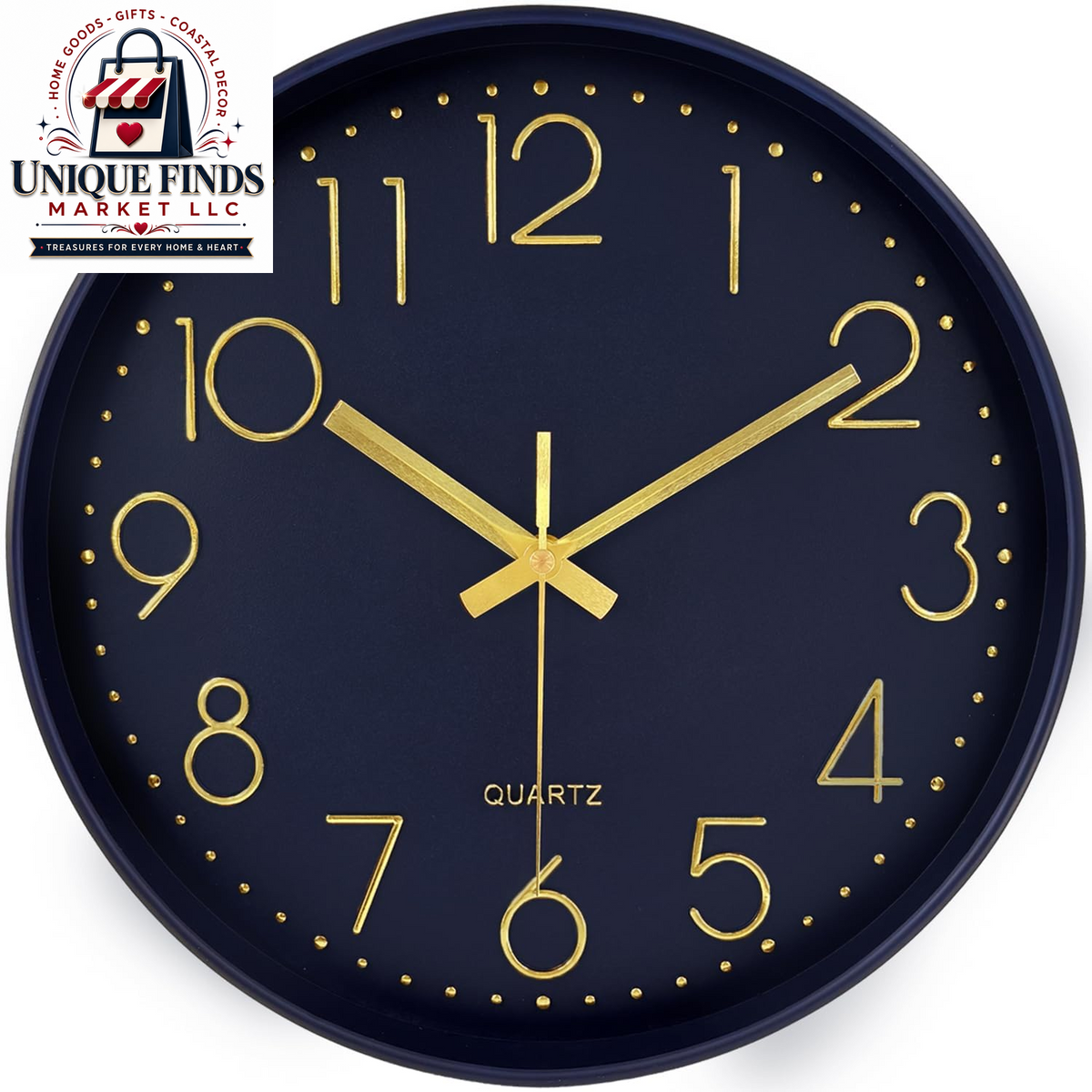 Contemporary 12-Inch Silent Wall Clock with Large Numerals, Battery Operated Non-Ticking Quartz Timepiece Featuring Tempered Glass for Living Room, Bedroom, Office, and Kitchen in Navy Blue