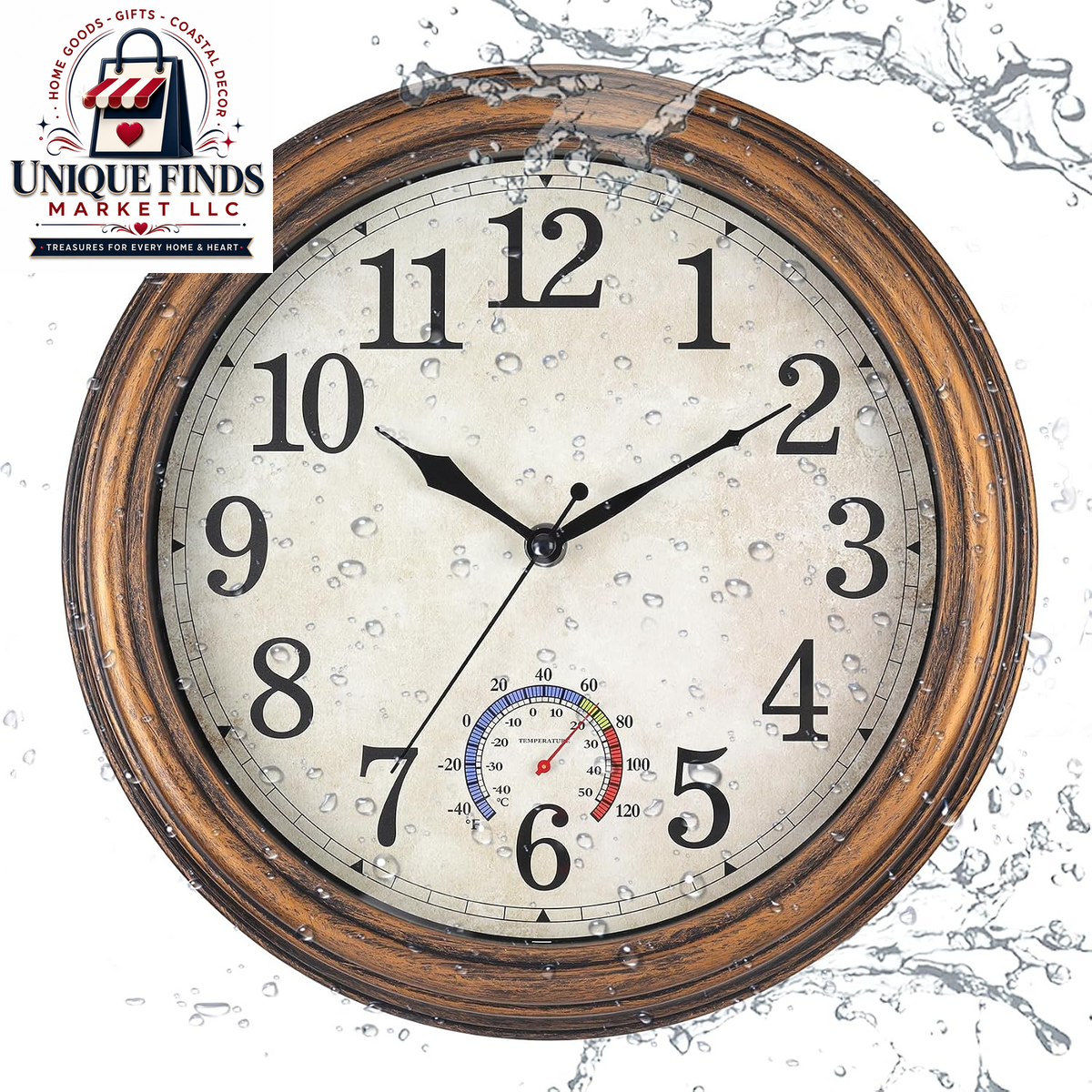 16-Inch Waterproof Outdoor Wall Clock with Temperature Display for Patio and Garden Use
