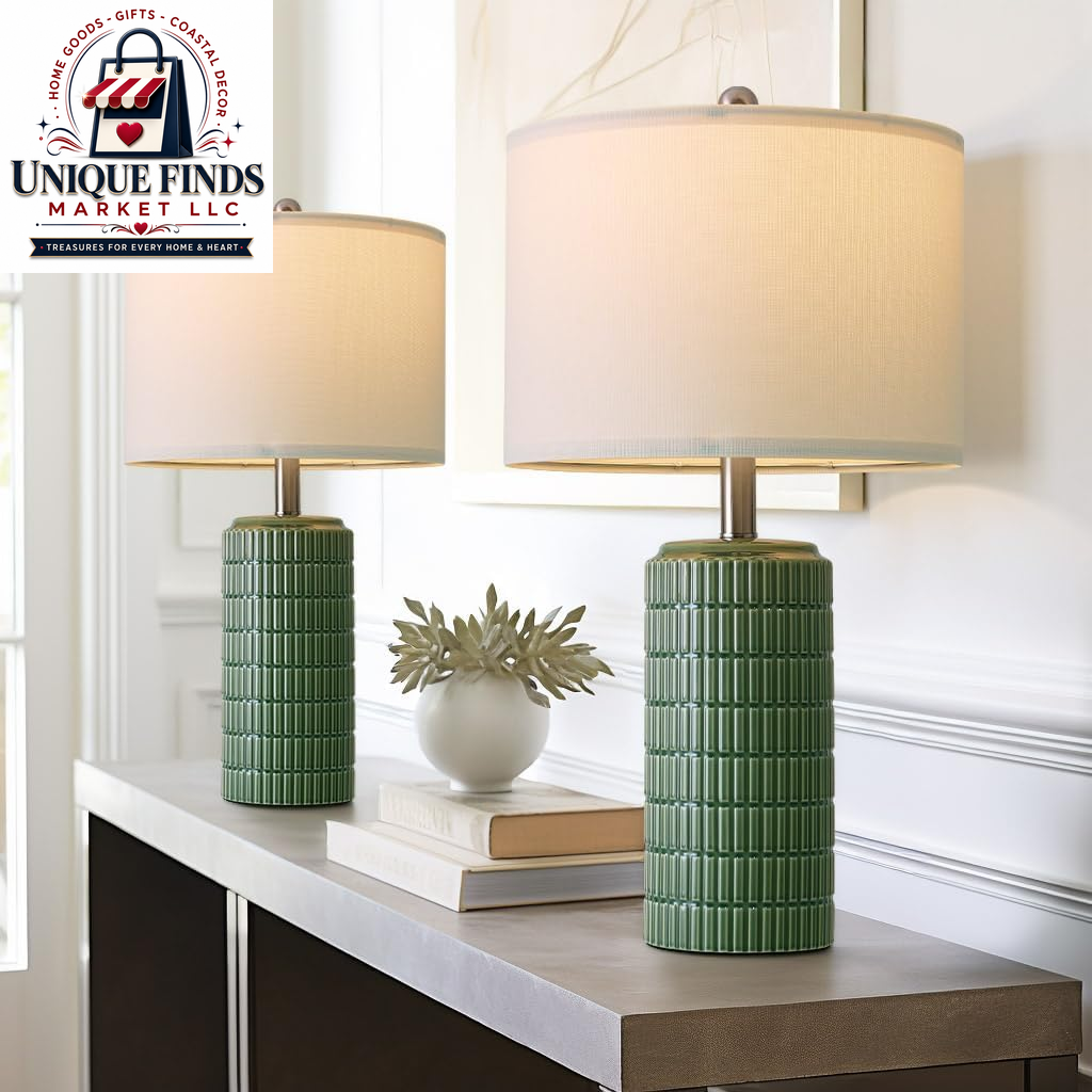Pokat Set of 2 Modern 24" Ceramic Table Lamps in Green for Bedroom and Living Room Decor