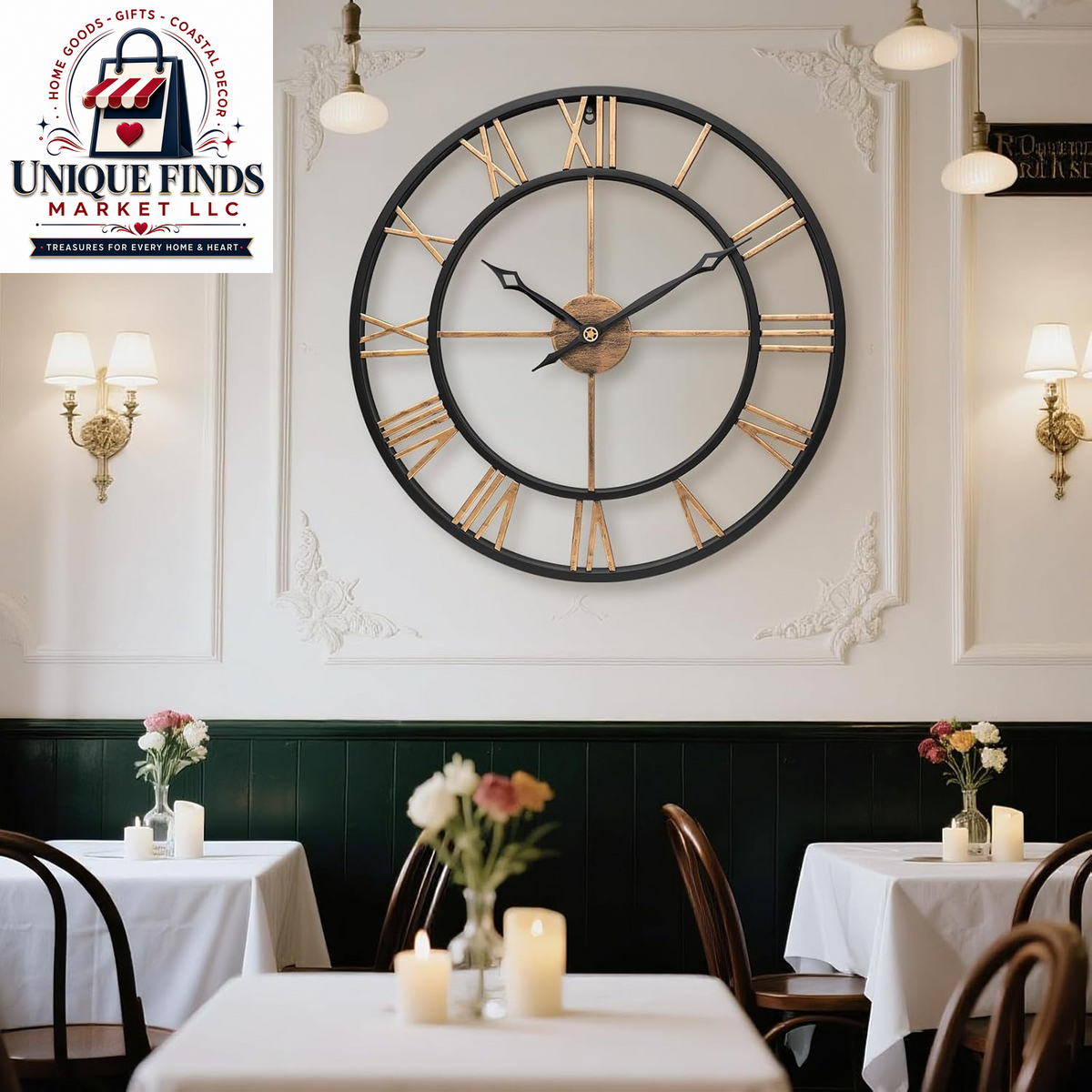 16-Inch Vintage Gold Metal Wall Clock with Roman Numerals