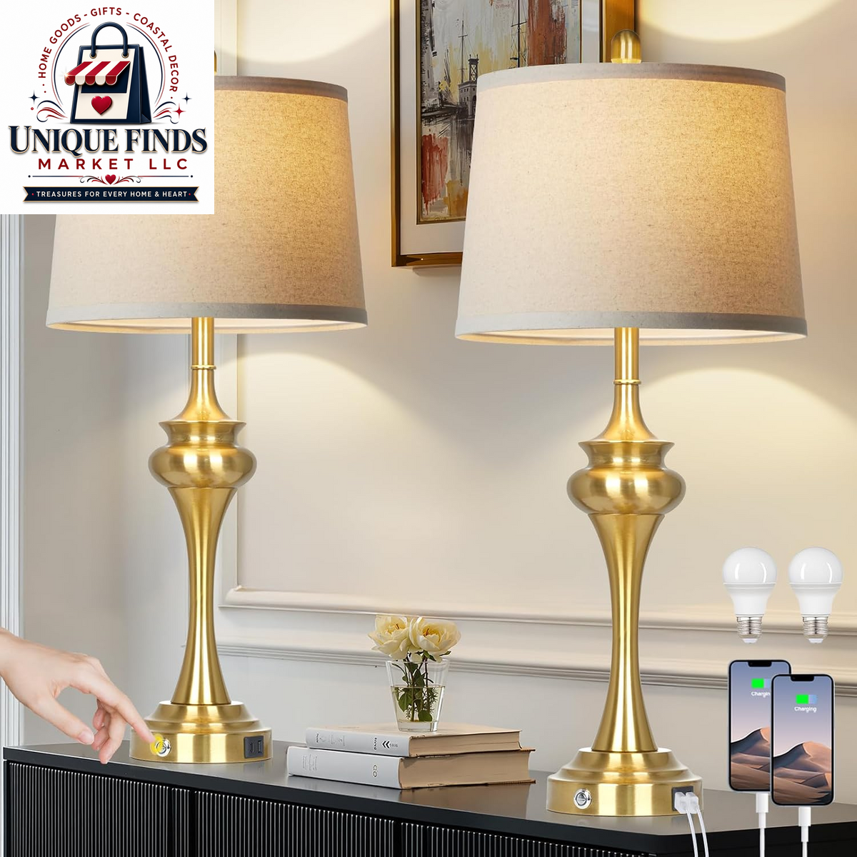 Rinweey 27-Inch Black Table Lamps Set of 2 with 3-Way Touch Control and USB A+C Ports, Modern Metal Nightstand Lamps for Living Room, Bedroom, and Office Decor