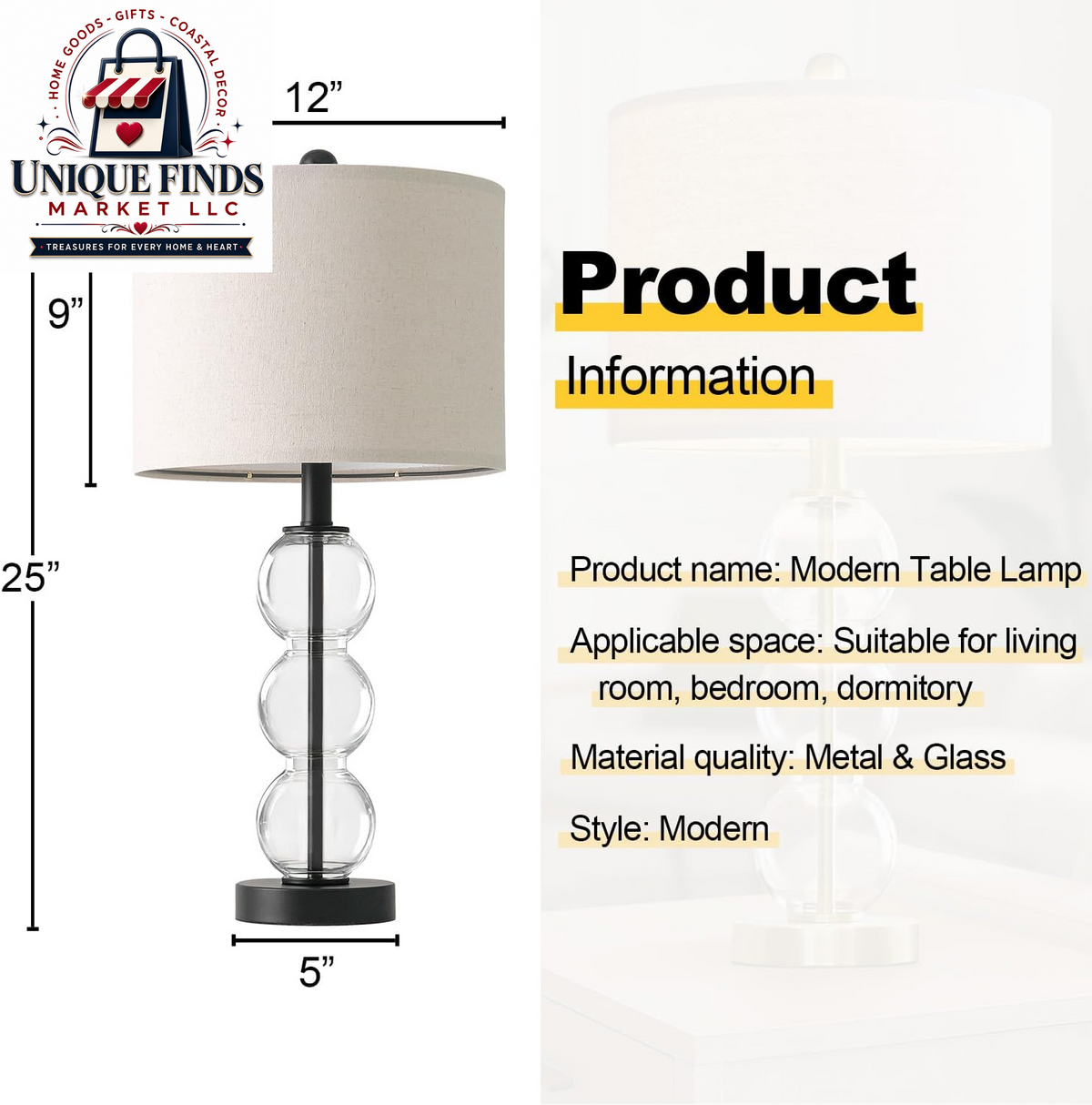 Oneach 25-Inch Black Modern Glass Table Lamps Set of 2 with USB Ports, Linen Shade for Living Room and Bedroom Nightstands (Bulbs Not Included)