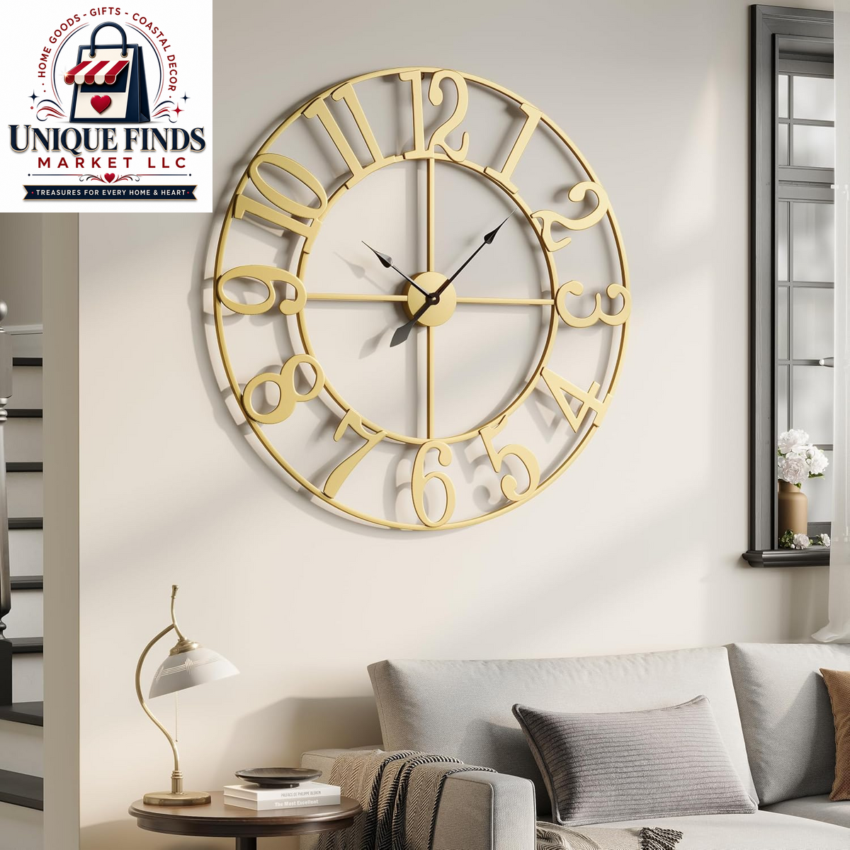 Cuspin 24-Inch Gold Metal Wall Clock for Elegant Living Room Decor