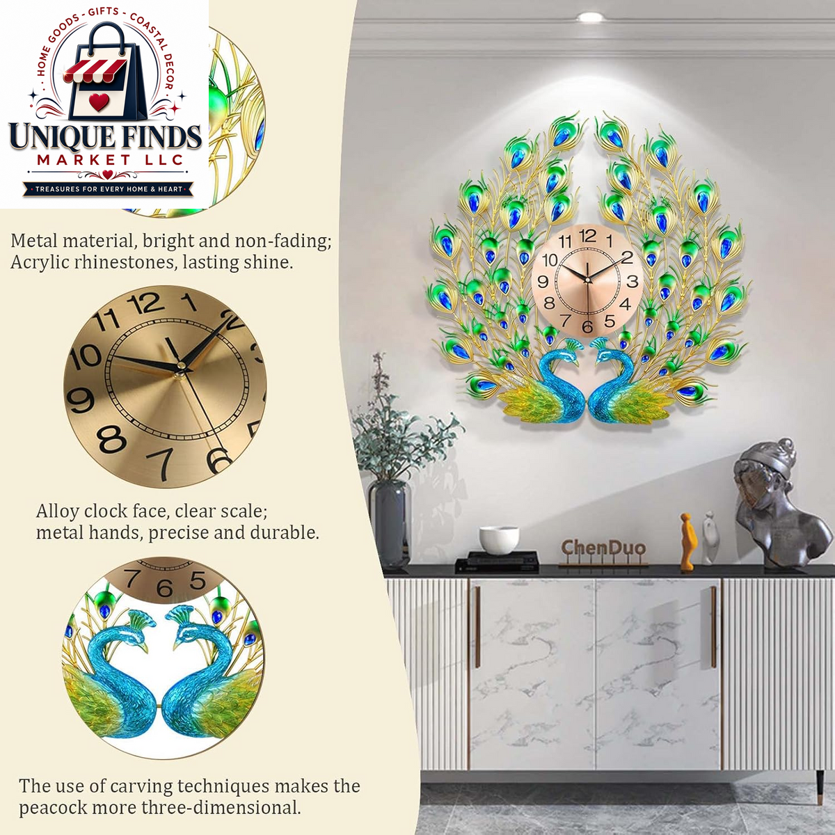 Large 28-Inch Silent Non-Ticking Peacock Wall Clock - 3D Luxury Decorative Timepiece for Living Room, Bedroom, and Dining Room Decor