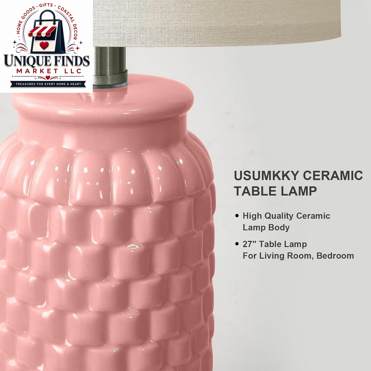 Usumkky Set of 2 27" Ceramic Table Lamps - Modern Farmhouse and Boho Style Bedside Nightstand Lighting for Bedroom and Living Room, Compact Desk Lamps (Pink)