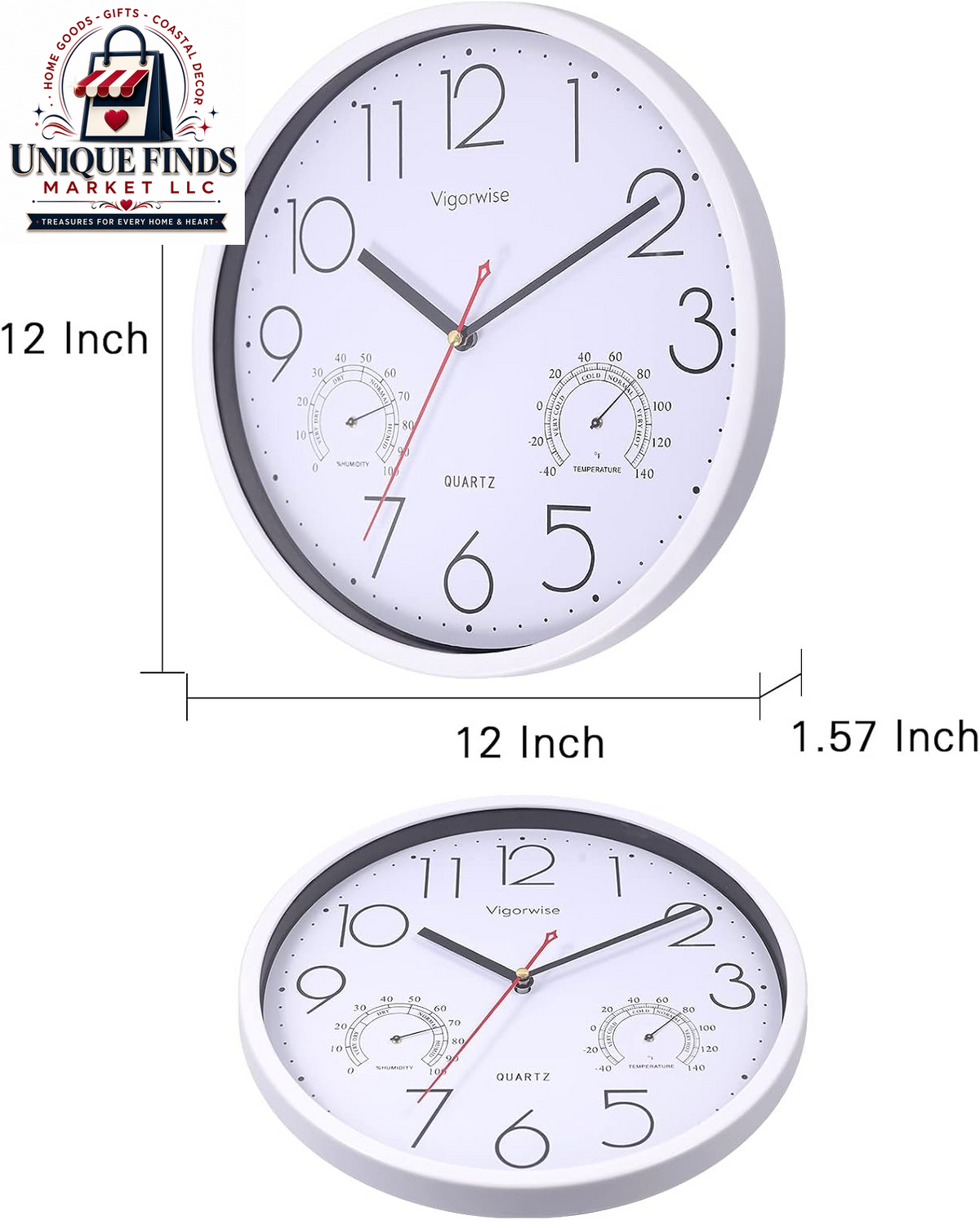 12-Inch Silent White Wall Clock with Integrated Temperature Display