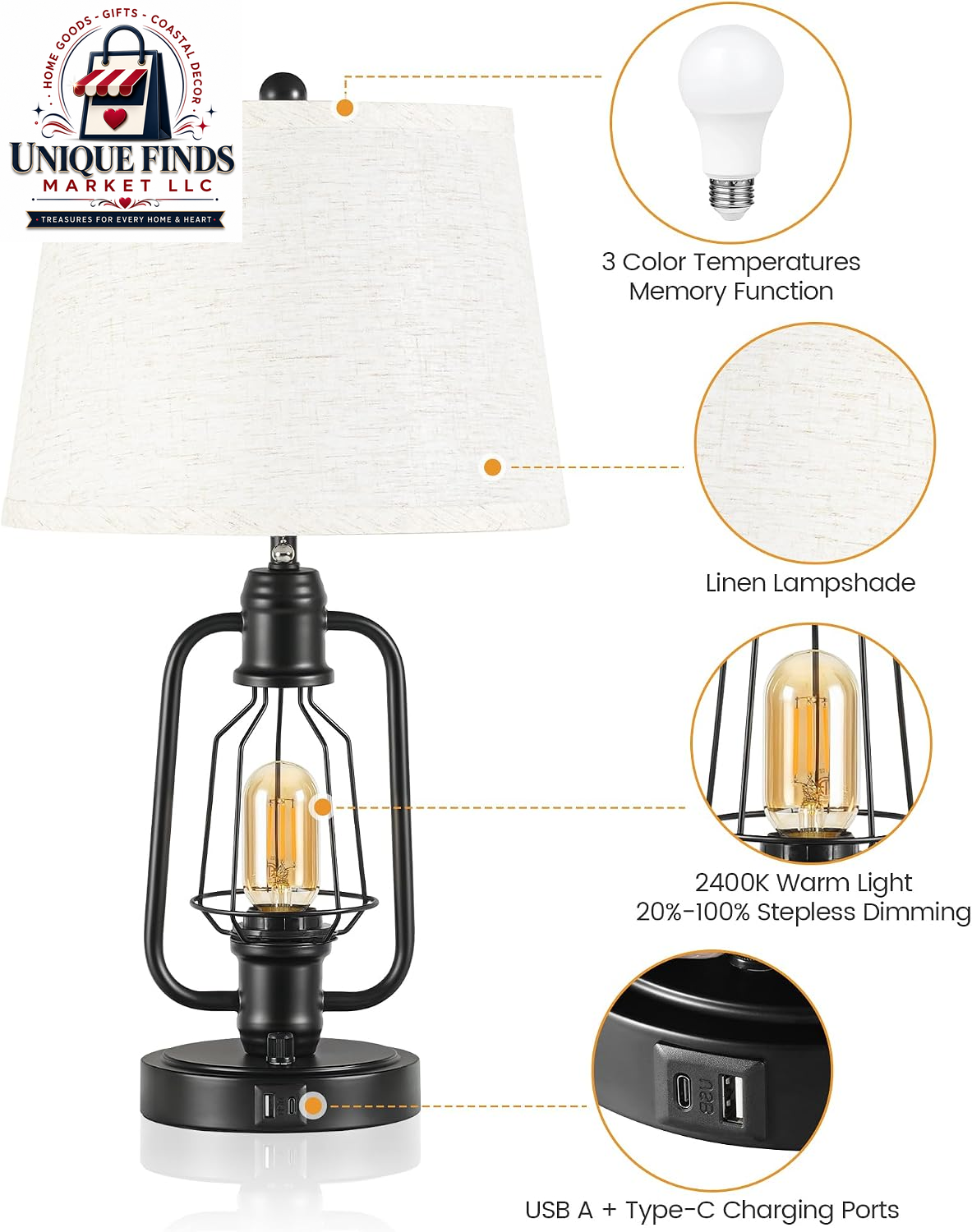 Set of 2 Farmhouse Industrial Bedside Table Lamps with USB Ports, Rustic Vintage Nightstand Desk Lamps for Living Room and Bedroom, Includes 4 Bulbs, Beige and Black E14TLP205