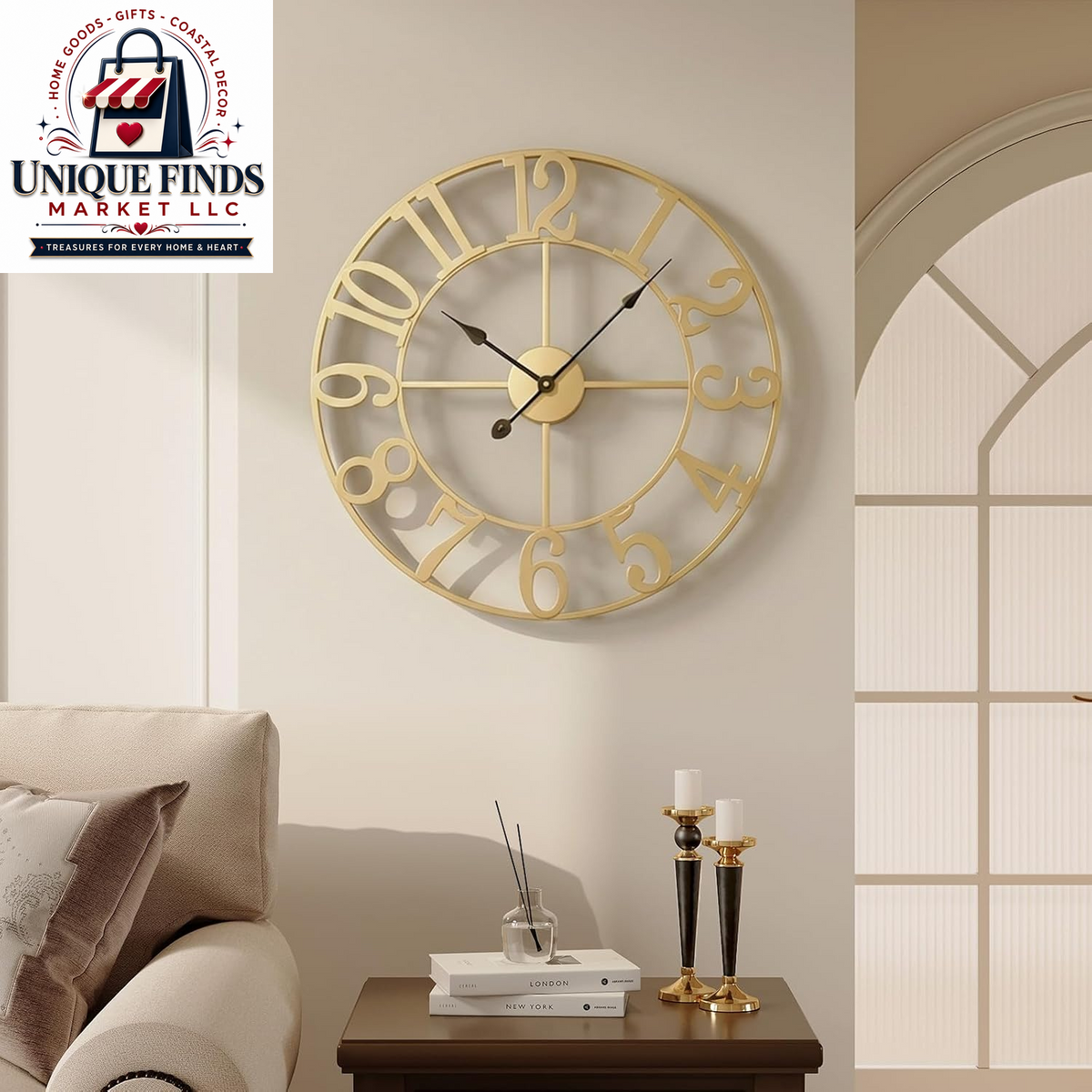 Cuspin 24-Inch Gold Metal Wall Clock for Elegant Living Room Decor