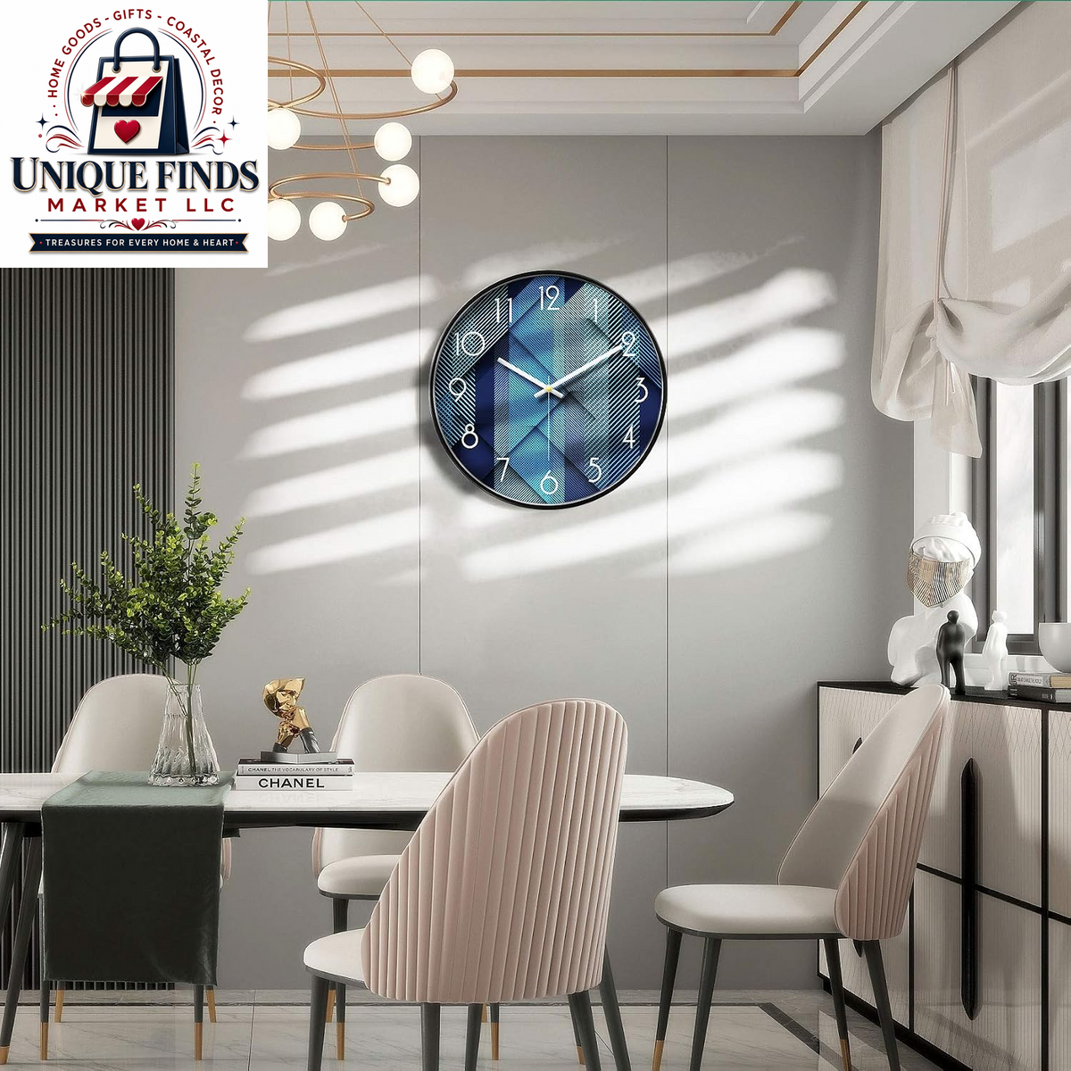 Silent Non-Ticking 12-Inch Analog Wall Clock with Geometric Blue Print Design