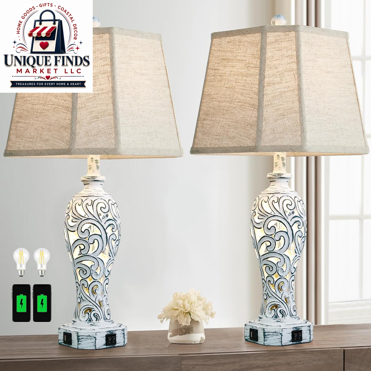 Set of 2 25-Inch Farmhouse Table Lamps for Living Room with USB C+A Ports