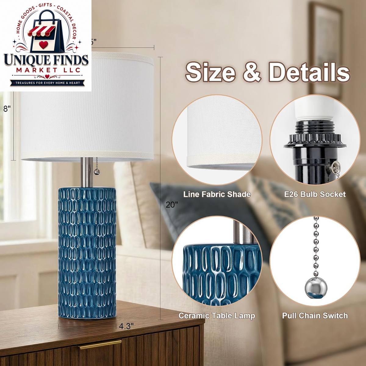 Reaketon 20” Modern Table Lamps Set of 2, Lamps for Bedroom, Blue