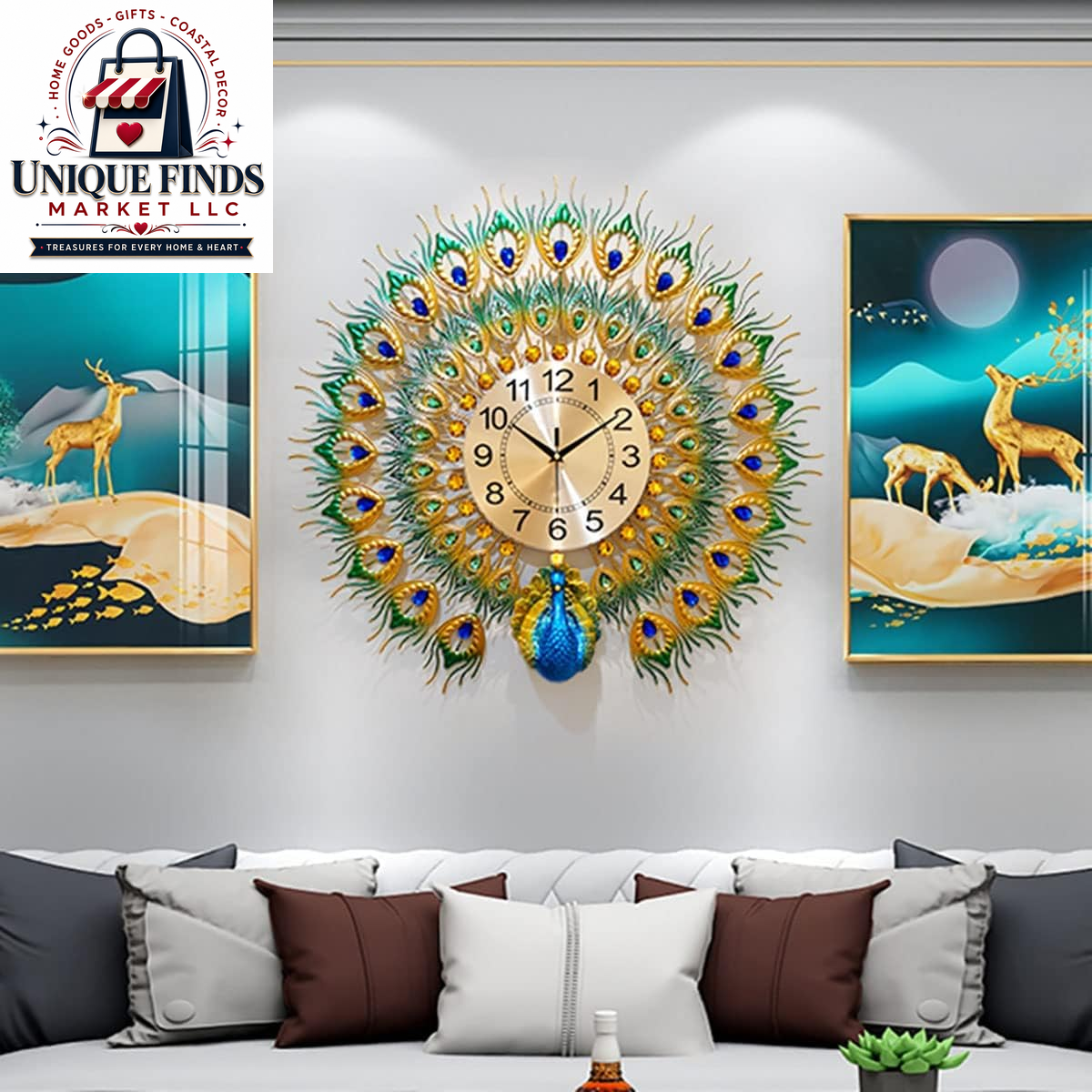Large 28-Inch Silent Non-Ticking Peacock Wall Clock - 3D Luxury Decorative Timepiece for Living Room, Bedroom, and Dining Room Decor