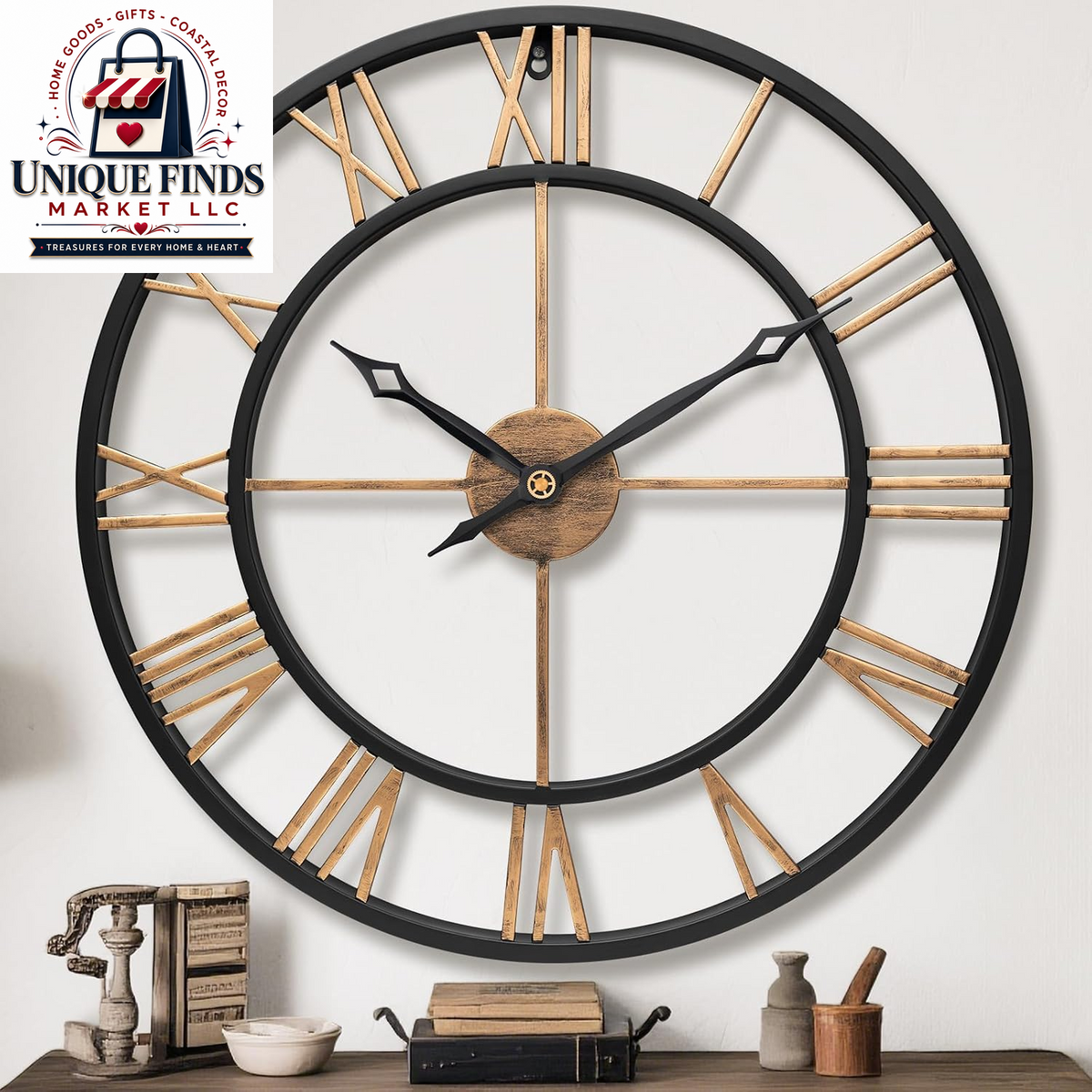 16-Inch Vintage Gold Metal Wall Clock with Roman Numerals