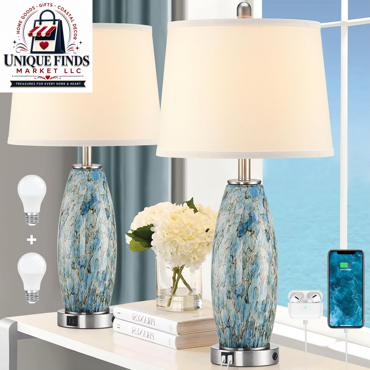 Lovlast 29-Inch Coastal Glass Table Lamp Set of 2 for Bedroom and Living Room